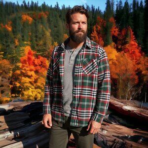 Trees and Trails Plaid Button-Front Flannel Button Down Shirt Red Green White L